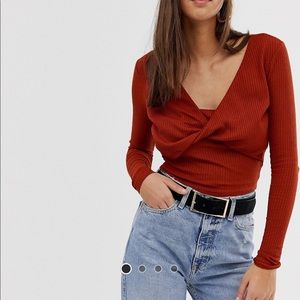 ASOS rusty red twist front crop top long sleeve